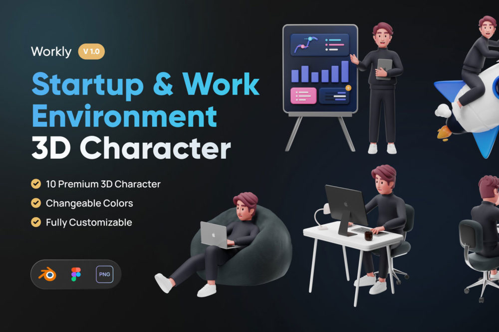 高级办公室工作场景3d卡通人物图标图片设计素材 Workly - Startup & Work 3D Character_img_2