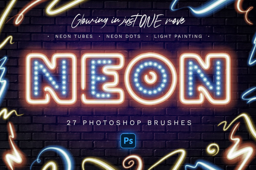 潮流Neon霓虹灯发光字海报标题特效ps笔刷样式插件设计素材 Glowing Neon Photoshop Brushes_img_2