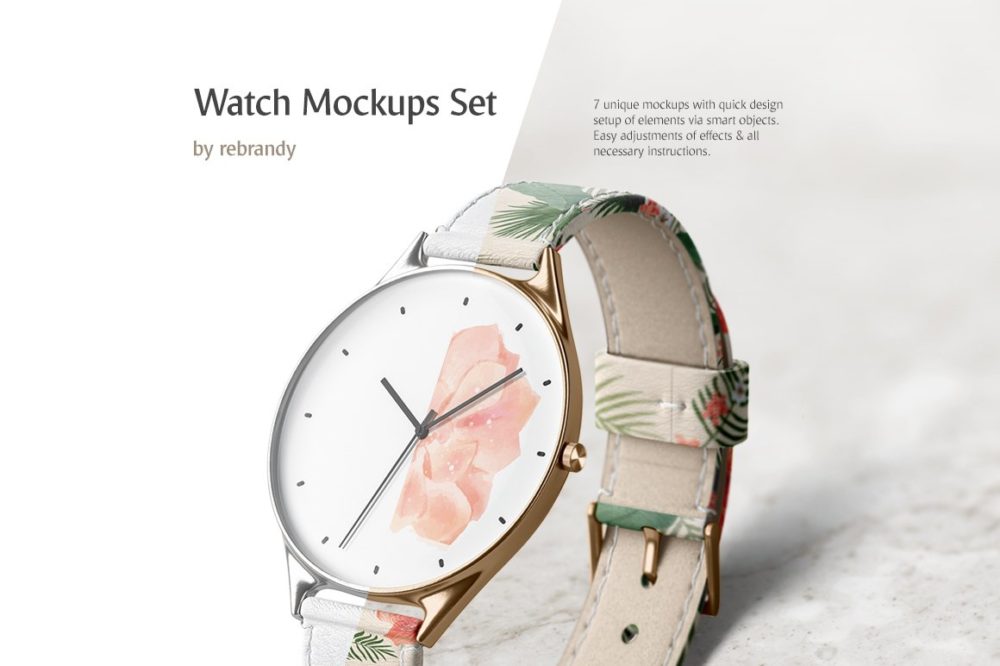 时尚圆形表盘表带手表印花图案设计贴图ps样机素材模板 Watch Mockups Set_img_2