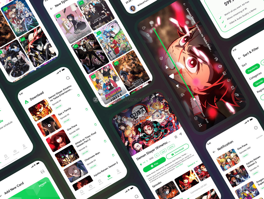 超酷屏动漫流媒体在线影视电影app界面设计明暗UI套件模板 Animax - Anime Streaming App UI Kit_img_2