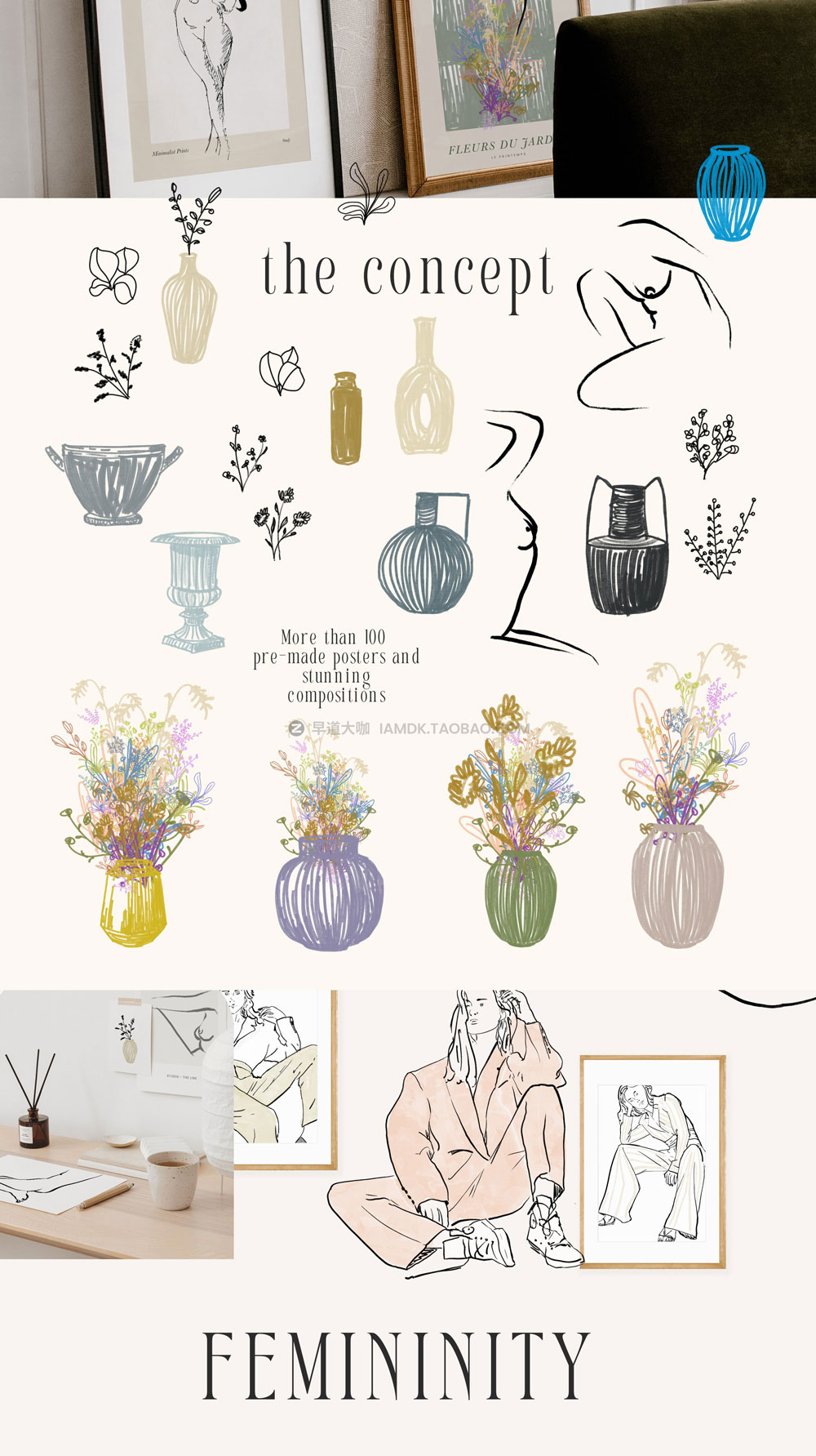 文艺少女北欧日系小清新植物女性花卉花纹矢量插画底纹AI素材 Design Trends & Female Poster Bundle_img_2