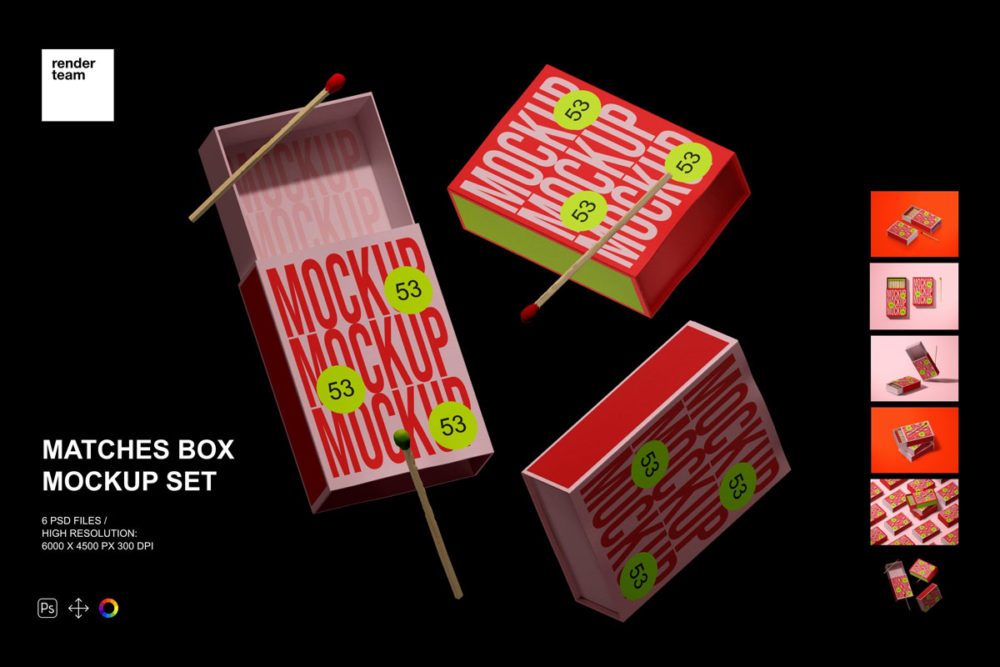 复古创意文创火柴盒抽屉纸盒产品包装设计展示贴图ps样机模板 Matches Box Mockup Set_img_2