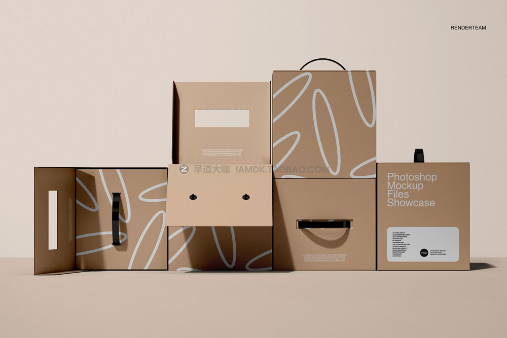 时尚牛皮纸正方形产品包装纸盒设计作品贴图ps样机模板 Paper Box Mockup Set_img_2