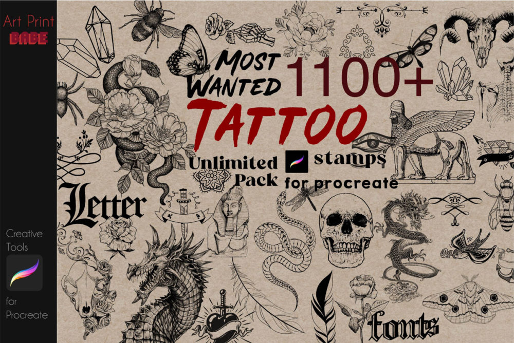 1100多款复古希腊埃及装饰图案昆虫雕像iPad Procreate笔刷设计素材 Unlimited Tattoo Full Pack Stamp Art_img_2