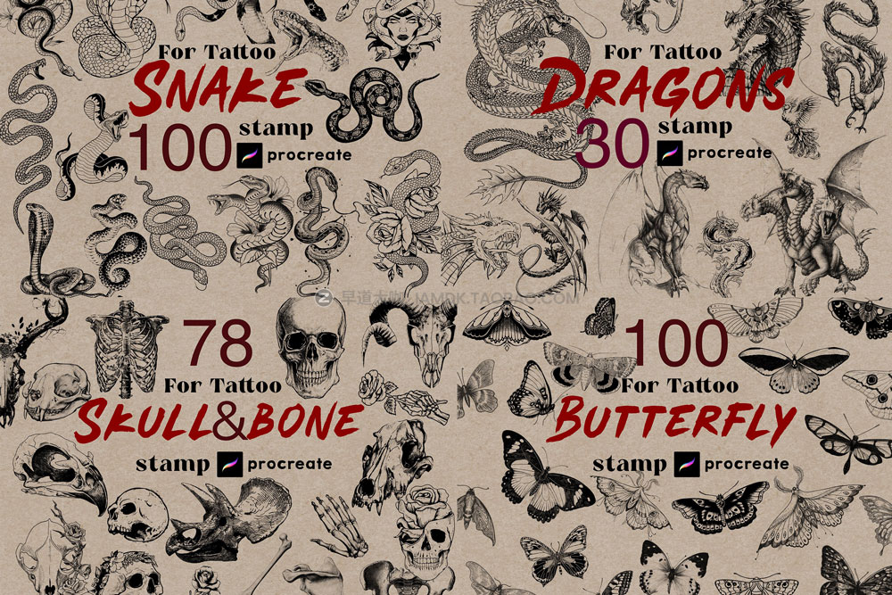 1100多款复古希腊埃及装饰图案昆虫雕像iPad Procreate笔刷设计素材 Unlimited Tattoo Full Pack Stamp Art_img_2