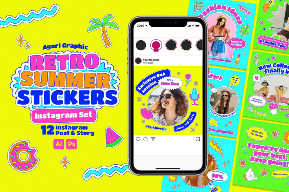 潮流复古夏季主题y2k千禧风公众号推文ins风电商海报设计psd模板 Retro Summer Stickers Instagram Set_img_2