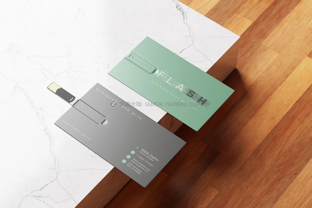 15款横向USB优盘存储器名片卡片设计展示贴图psd样机模板 USB Flash Drive Business Card Mockup_img_2