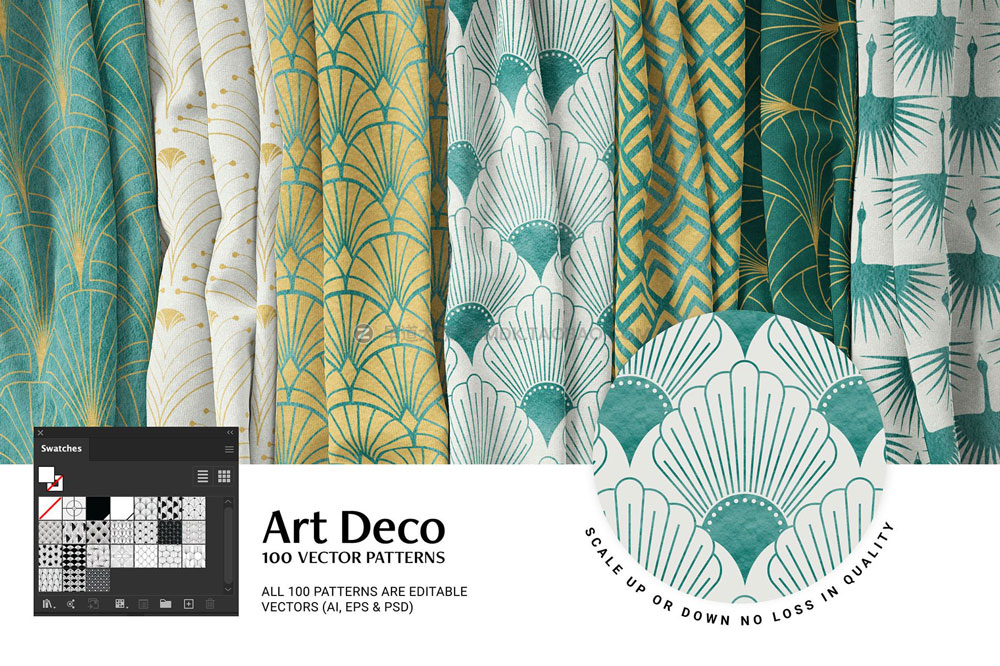 100款Art Deco工业几何奢华艺术装饰边框图案纹理底纹ai设计素材 100 Art Deco Patterns_img_2