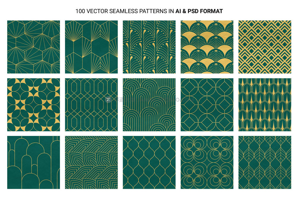 100款Art Deco工业几何奢华艺术装饰边框图案纹理底纹ai设计素材 100 Art Deco Patterns_img_2