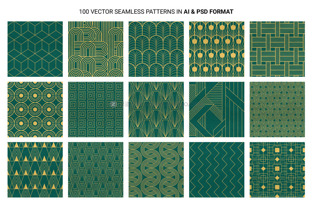 100款Art Deco工业几何奢华艺术装饰边框图案纹理底纹ai设计素材 100 Art Deco Patterns_img_2