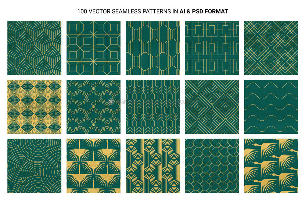 100款Art Deco工业几何奢华艺术装饰边框图案纹理底纹ai设计素材 100 Art Deco Patterns_img_2