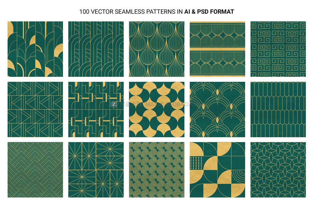 100款Art Deco工业几何奢华艺术装饰边框图案纹理底纹ai设计素材 100 Art Deco Patterns_img_2