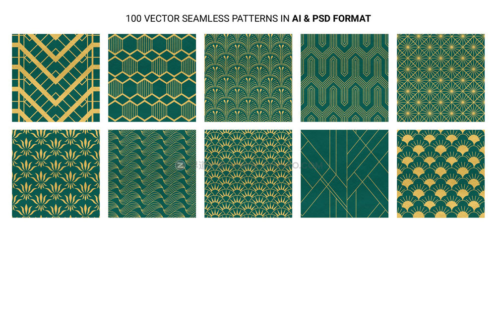 100款Art Deco工业几何奢华艺术装饰边框图案纹理底纹ai设计素材 100 Art Deco Patterns_img_2