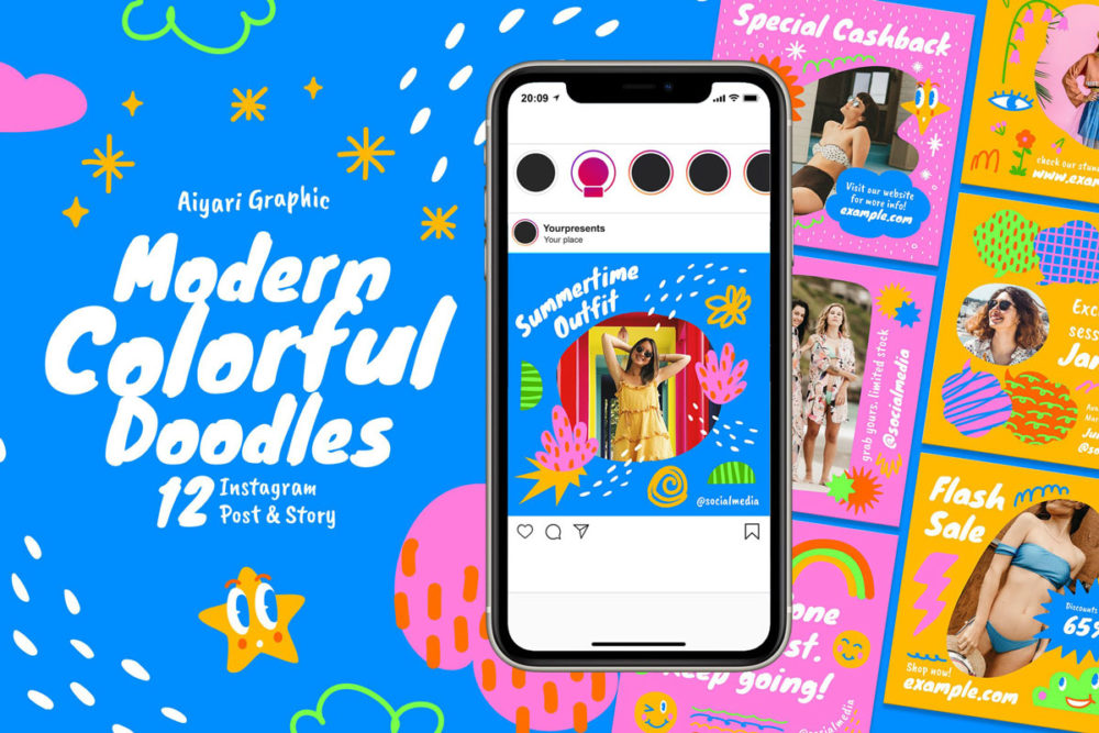 现代时尚多彩涂鸦风品牌公众号推文推广设计ins风海报模板 Modern Colorful Doodles Instagram_img_2