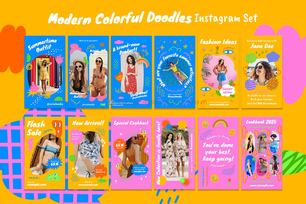 现代时尚多彩涂鸦风品牌公众号推文推广设计ins风海报模板 Modern Colorful Doodles Instagram_img_2