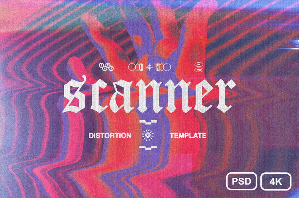 抽象扭曲故障拉扯不规则噪点字体图片置换滤镜效果PS设计素材 Scanner Distortion Template_img_2