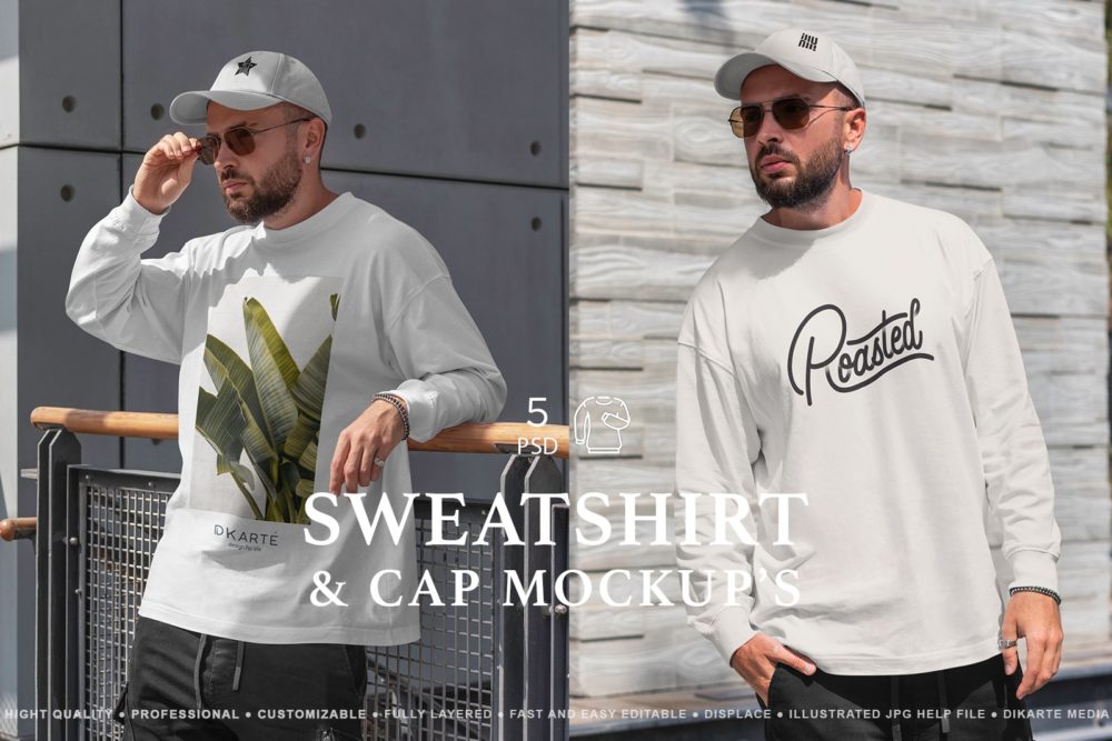 时尚男士运动衫卫衣棒球帽设计展示贴图样机模板素材 Sweatshirt & Cap Mockups_img_2