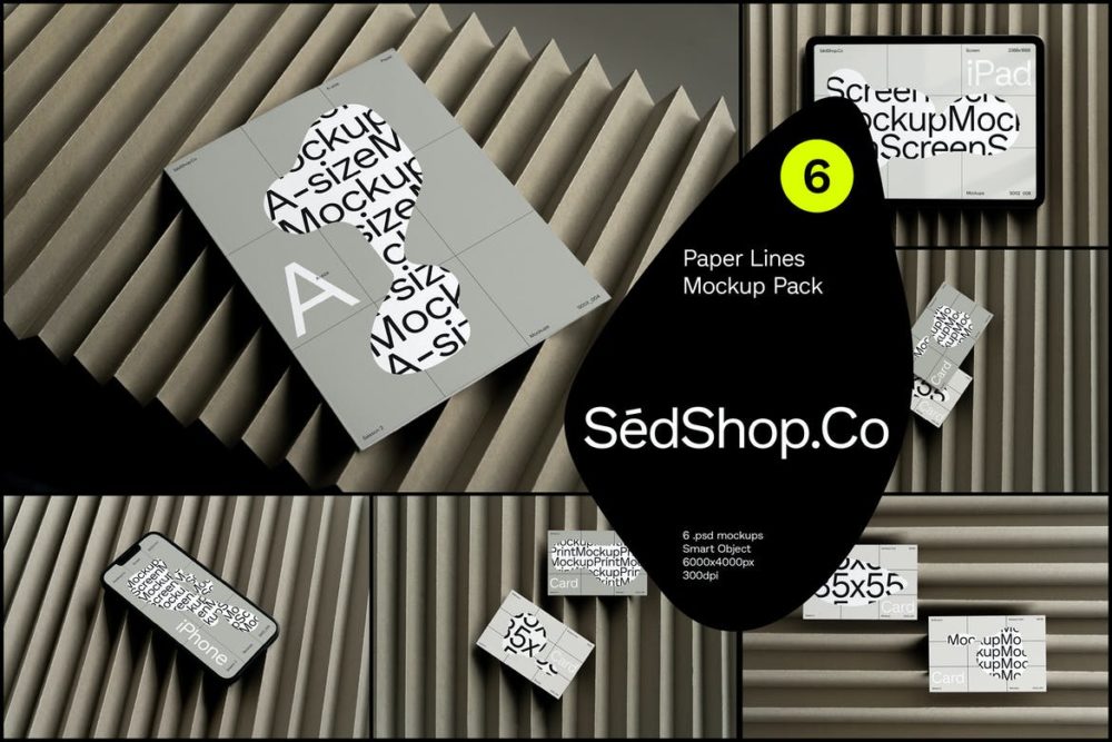 6款名片海报iPad平板MacBook pro笔记本电脑贴图psd样机模板 Paper Lines Mockup Pack_img_2