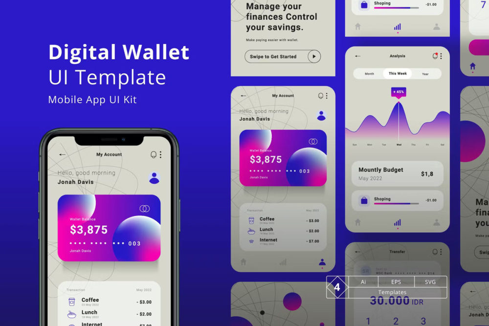 时尚数字货币金融理财电子钱包app界面设计ai矢量模板 FBN E Wallet Interface Design_img_2