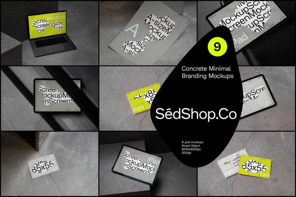 9款时尚名片信纸iPad平板MacBook Pro笔记本电脑贴图样机模板 Concrete Minimal Branding Mockups_img_2