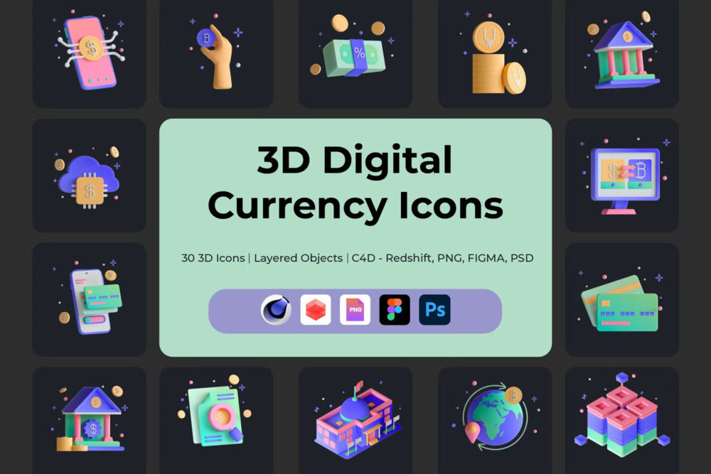 30款3d卡通数字货币区块链金融图片icons设计素材 Digital Currency 3D Icon Set_img_2