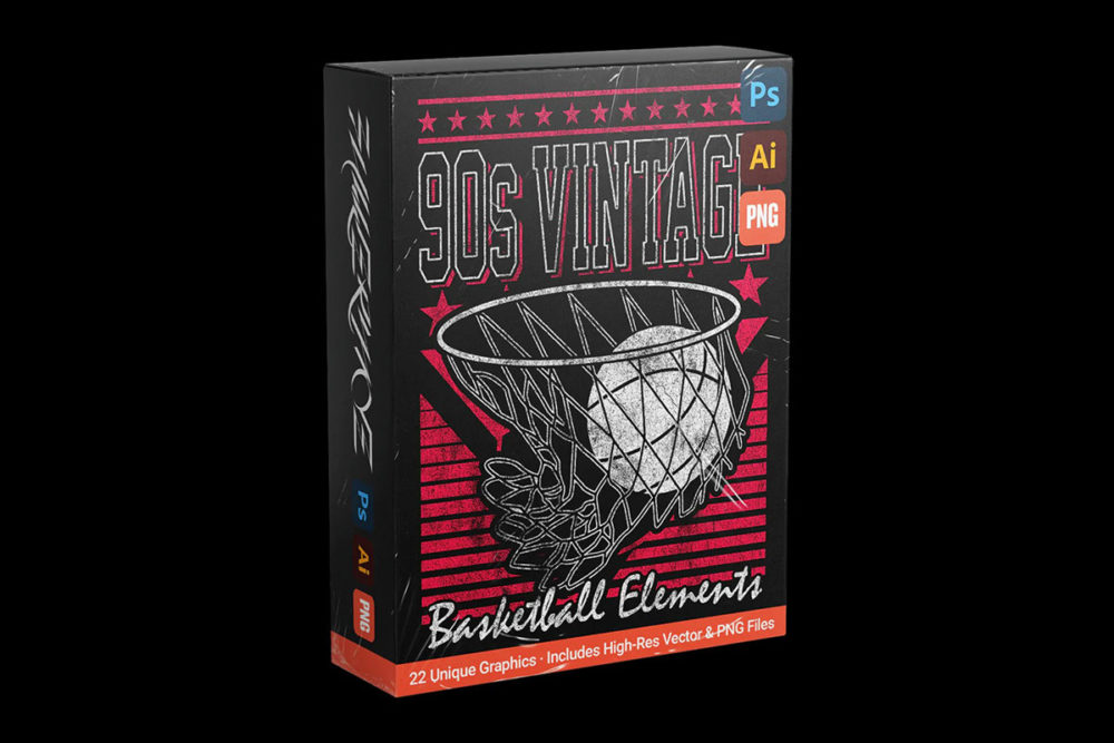 复古做旧嘻哈90年代篮球运动矢量T恤印花图形logo插画设计包 90s Vintage Basketball Elements Vol 1_img_2