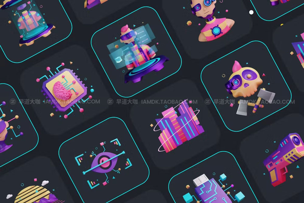 未来赛博朋克人工智能霓虹3d图标icons设计素材 Cyberpunk Futuristic 3D Icon Set_img_2