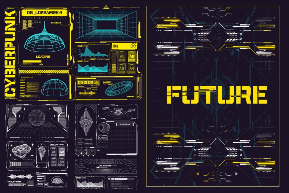 未来复古机能赛博朋克工业HUD仪表盘信息边框Ai矢量图形设计素材 Cyberpunk Retro Futuristic Poster_img_2