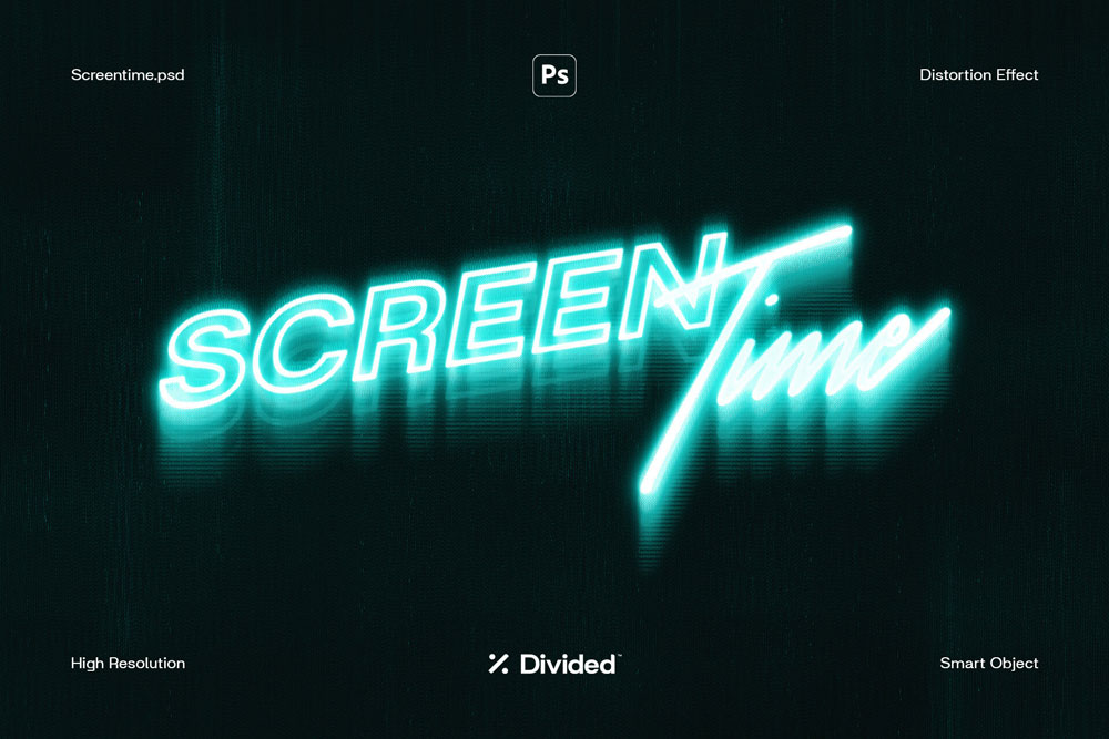 潮流失真幻影毛刺霓虹效果文本标题处理psd样机模板 Divided.Co – Screentime_img_2
