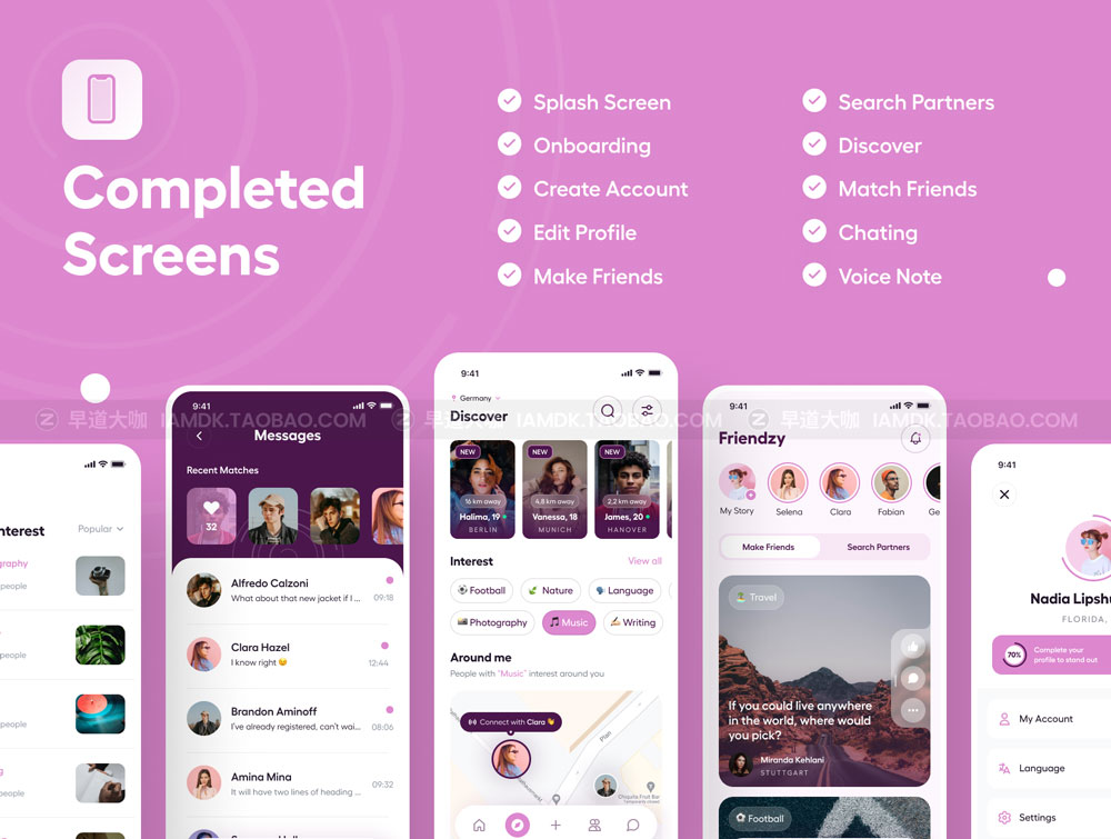 独特短视频约会交友聊天app应用程序界面设计ui套件素材 Friendzy - Dating App UI Kit_img_2