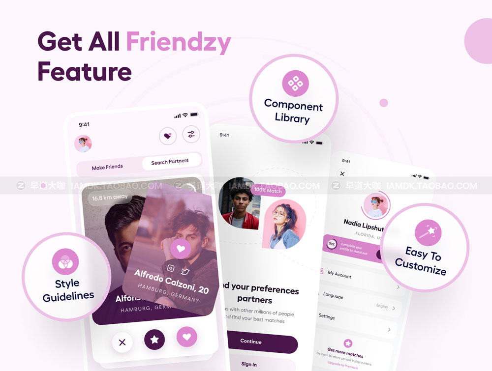 独特短视频约会交友聊天app应用程序界面设计ui套件素材 Friendzy - Dating App UI Kit_img_2