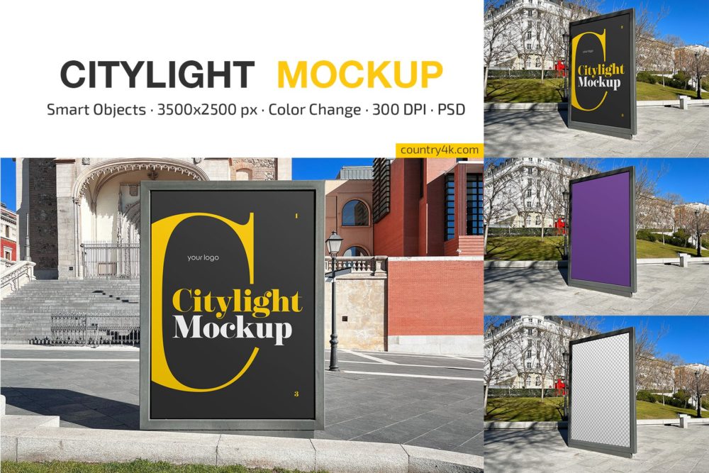 城市街头立地灯箱广告牌海报设计展示效果psd样机模板 Citylight Outdoor Advertising Mockup_img_2