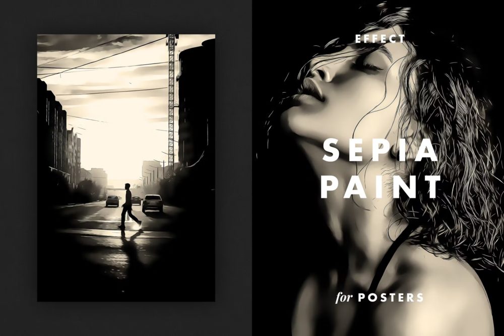 棕褐色复古丙烯酸涂料油画艺术效果照片处理特效psd样机模版 Sepia Paint Effect for Posters_img_2