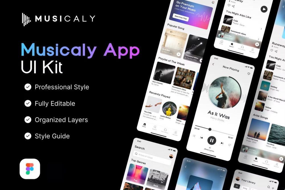 独特音乐博客播放器应用程序app界面设计ui套件素材 Musicaly - Music, Podcast Player Mobile App UI Kit TMMHZEP_img_2