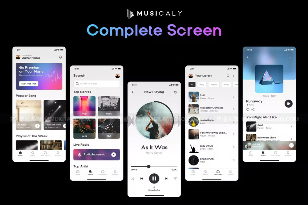 独特音乐博客播放器应用程序app界面设计ui套件素材 Musicaly - Music, Podcast Player Mobile App UI Kit TMMHZEP_img_2