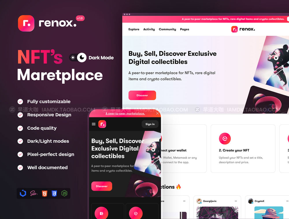 响应式NFT平台加密货币数字藏品网站界面设计UI套件 Renox_img_2