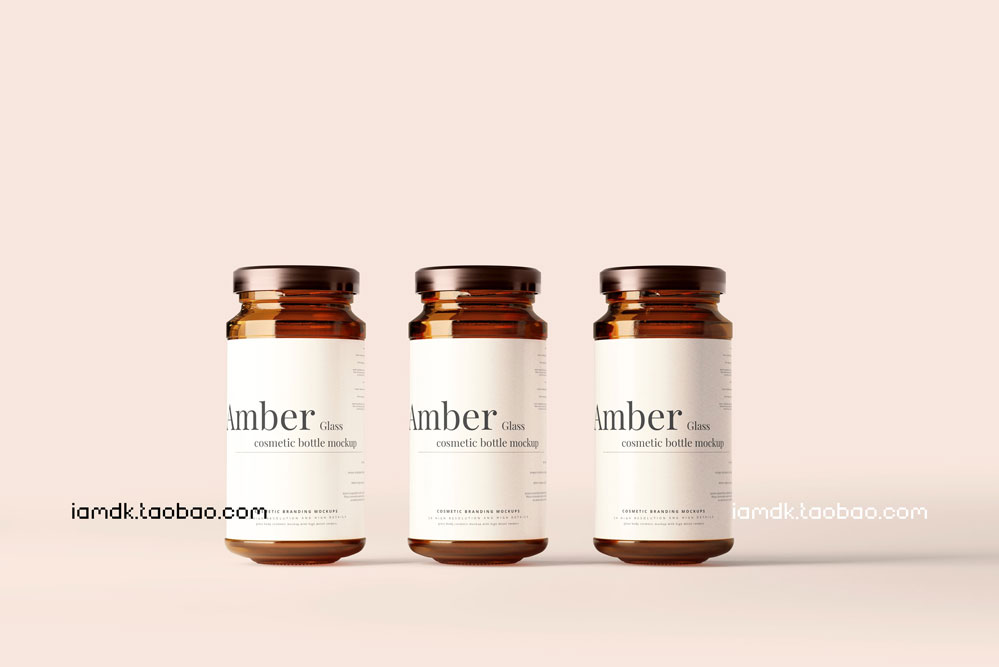 时尚琥珀药物化妆品玻璃瓶贴纸设计展示贴图样机PSD模版 Amber Glass Jar Mockup_img_2