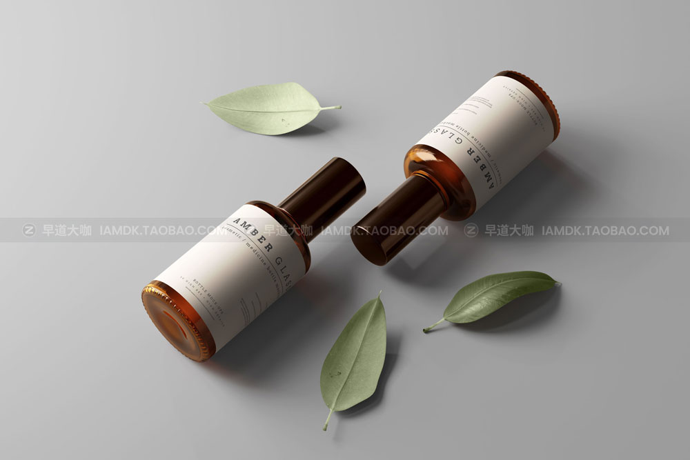 逼真化妆品药物琥珀玻璃瓶贴纸设计展示样机模板 Amber Glass Bottle Mockups_img_2