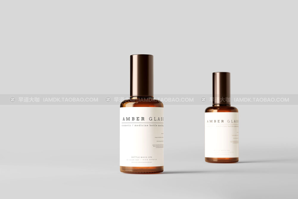 逼真化妆品药物琥珀玻璃瓶贴纸设计展示样机模板 Amber Glass Bottle Mockups_img_2