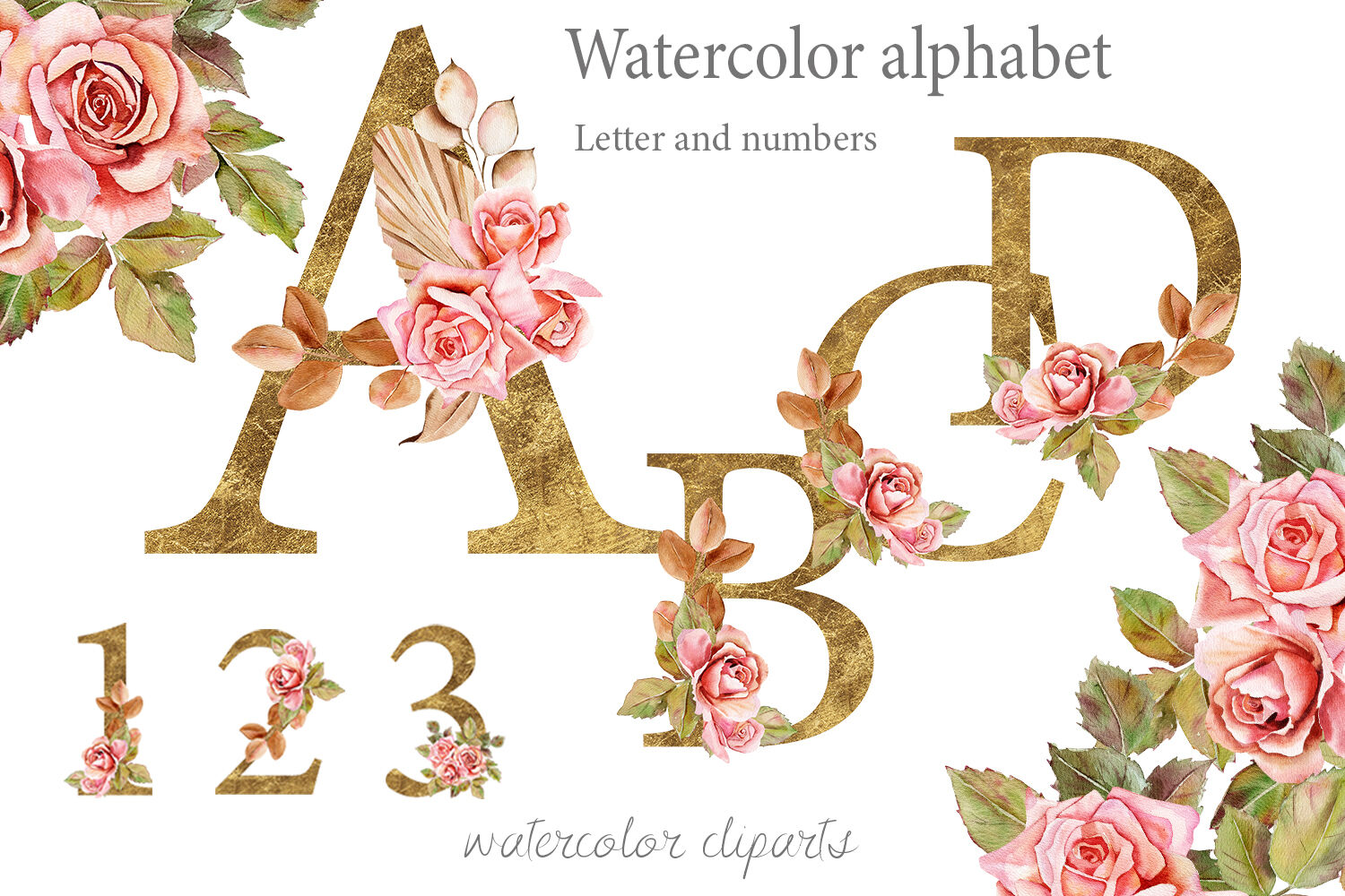 波西米亚风创意金色花卉字母PNG免扣图片设计素材 Boho Roses and Gold Alphabet Clipart_img_2