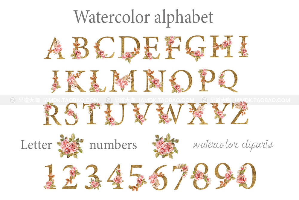 波西米亚风创意金色花卉字母PNG免扣图片设计素材 Boho Roses and Gold Alphabet Clipart_img_2