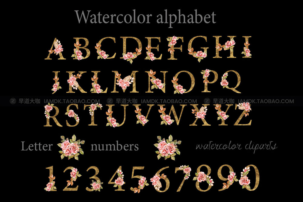 波西米亚风创意金色花卉字母PNG免扣图片设计素材 Boho Roses and Gold Alphabet Clipart_img_2