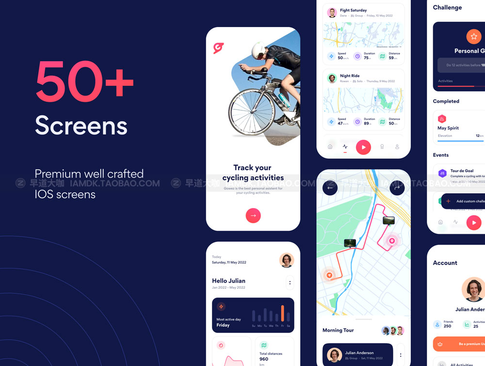 创意自行车骑行定位追踪APP应用程序UI界面设计套件 Gowez - Sport Cycling Tracker App UI Kit_img_2