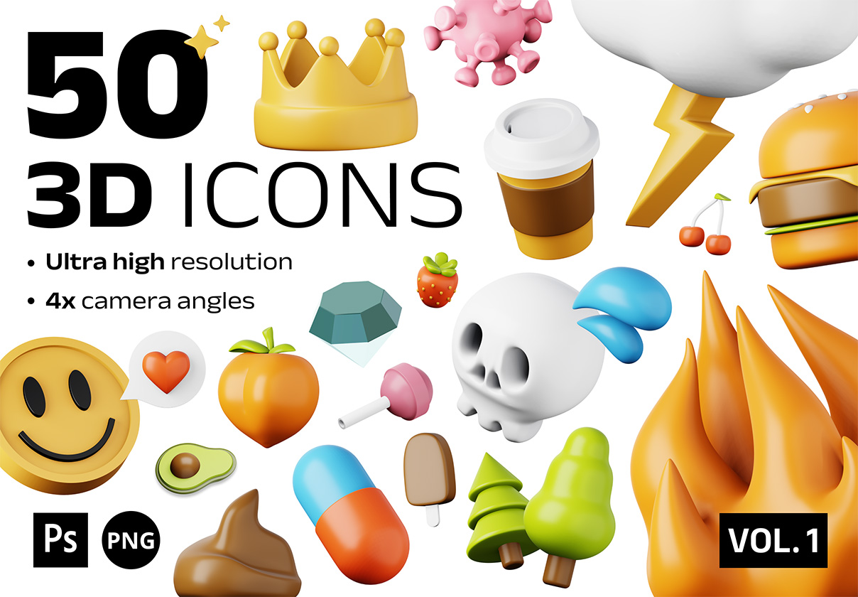 潮流创意趣味3D立体卡通表情包插图插画Icon图标PNG免抠素材 50 unique 3D icons Vol. 1_img_2