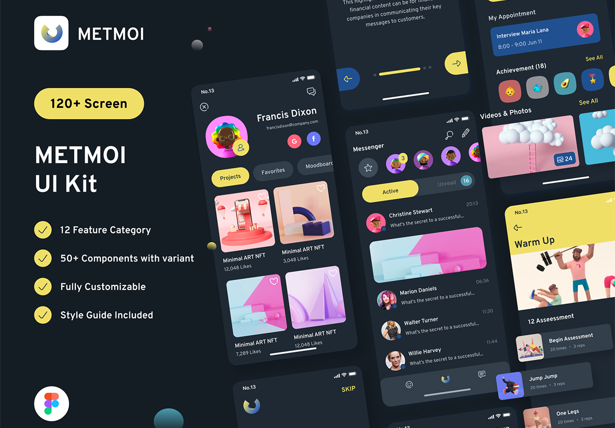 现代创意暗黑多用途iOS APP界面设计UI套件素材包 Metmoi Mobile App UI KIT_img_2