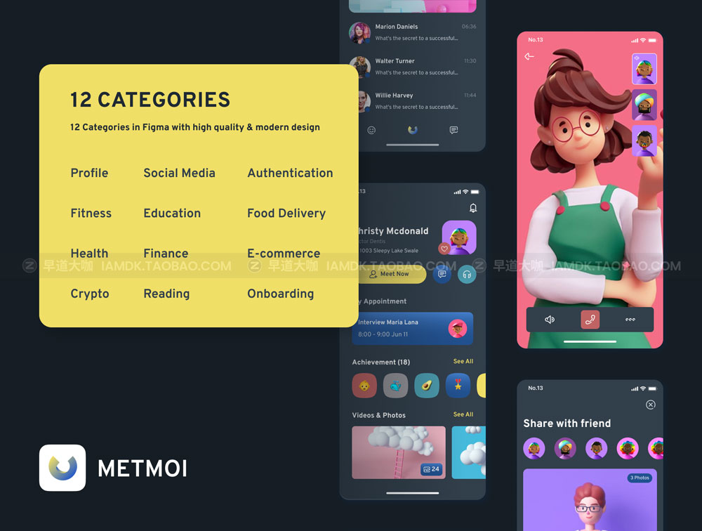 现代创意暗黑多用途iOS APP界面设计UI套件素材包 Metmoi Mobile App UI KIT_img_2