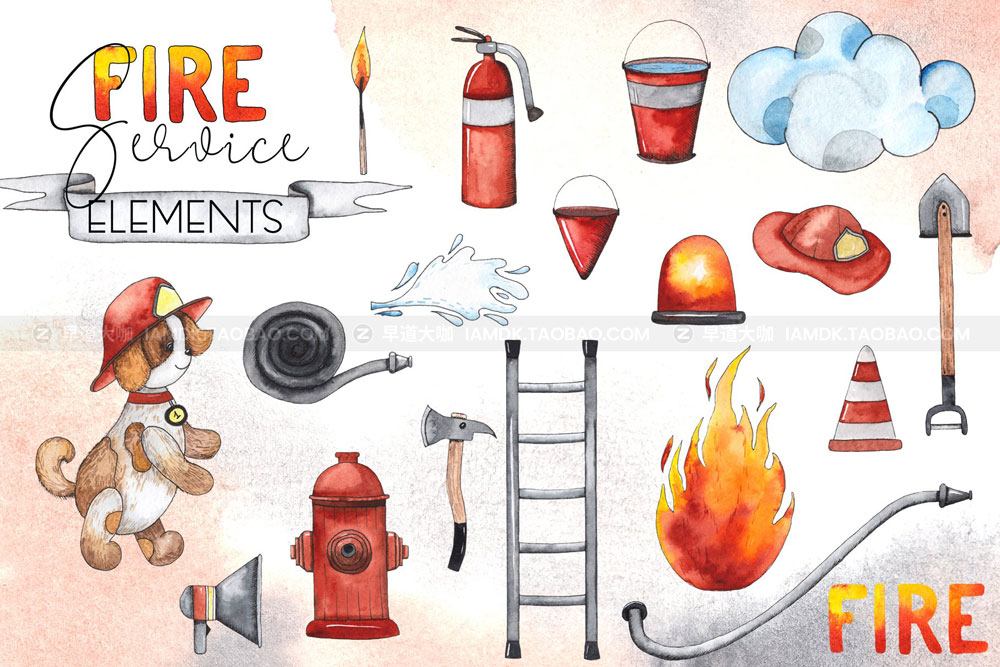 卡通有趣消防服务元素手绘水彩插画PNG免扣图片设计素材 Fire Service. Watercolor Clipart_img_2