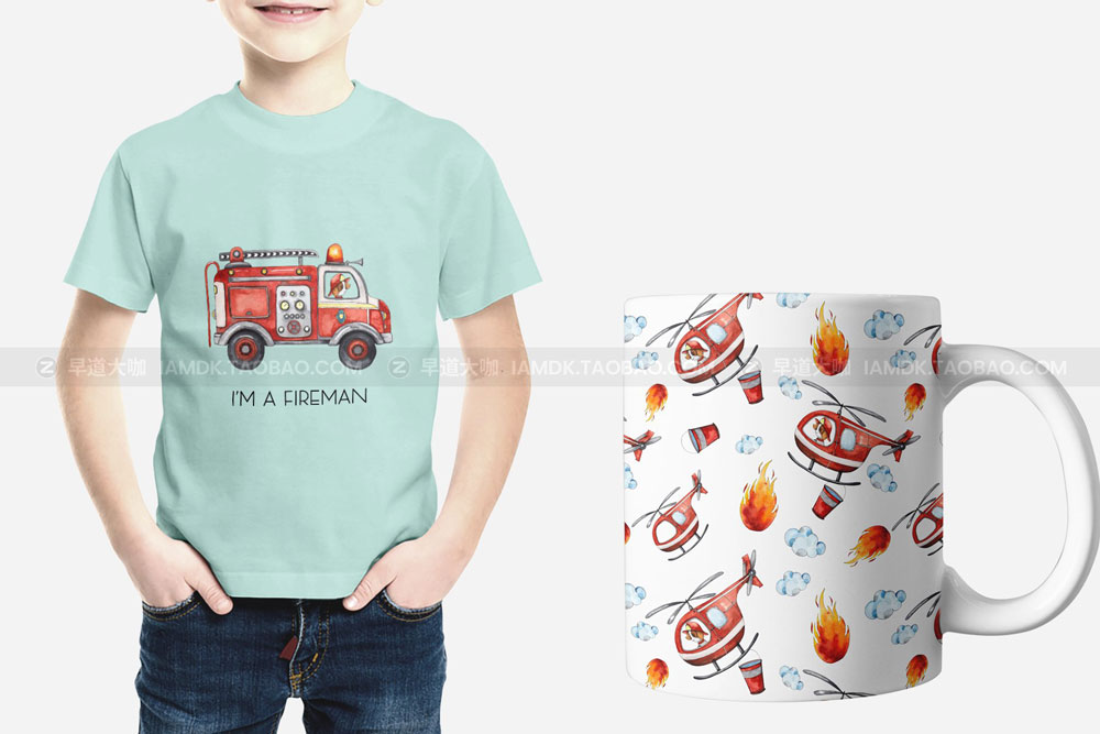 卡通有趣消防服务元素手绘水彩插画PNG免扣图片设计素材 Fire Service. Watercolor Clipart_img_2