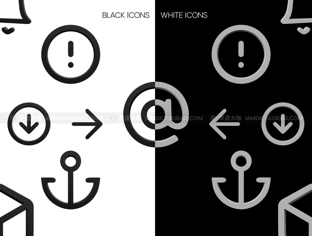 黑白3D立体演示文稿UI界面设计图标icons设计素材 Feather Icon 3D Pack_img_2