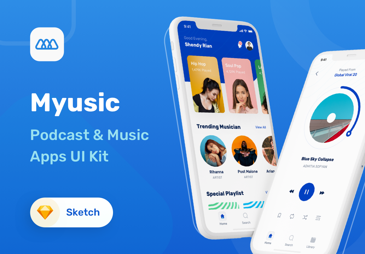 博客音乐播放器iOS APP应用程序设计UI套件 Myusic - Music & Podcast UI Kit_img_2